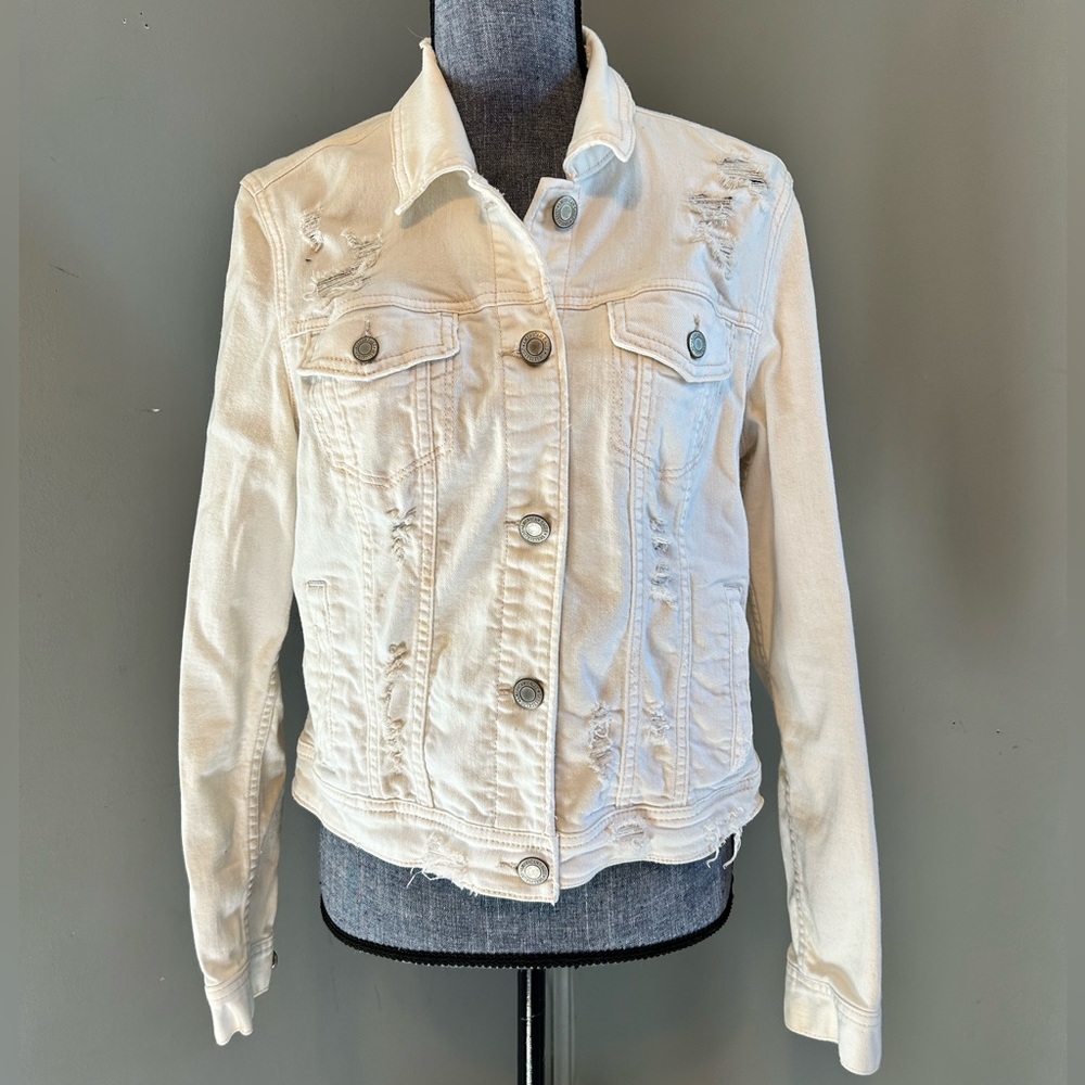 American Eagle Outfitters Distressed White Denim Jacket Size L